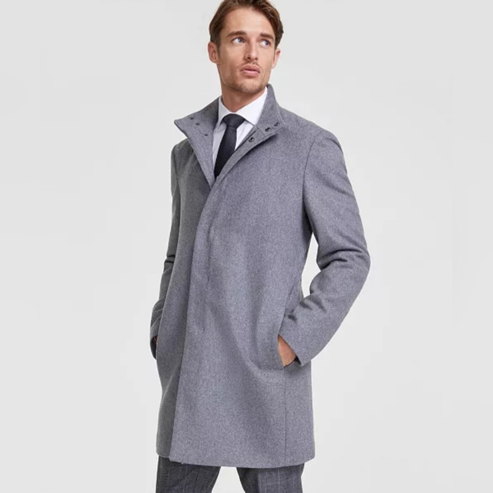 Calvin Klein Men's Mayden Slim-Fit Wool Light Gray Blend Overcoat 42S Large